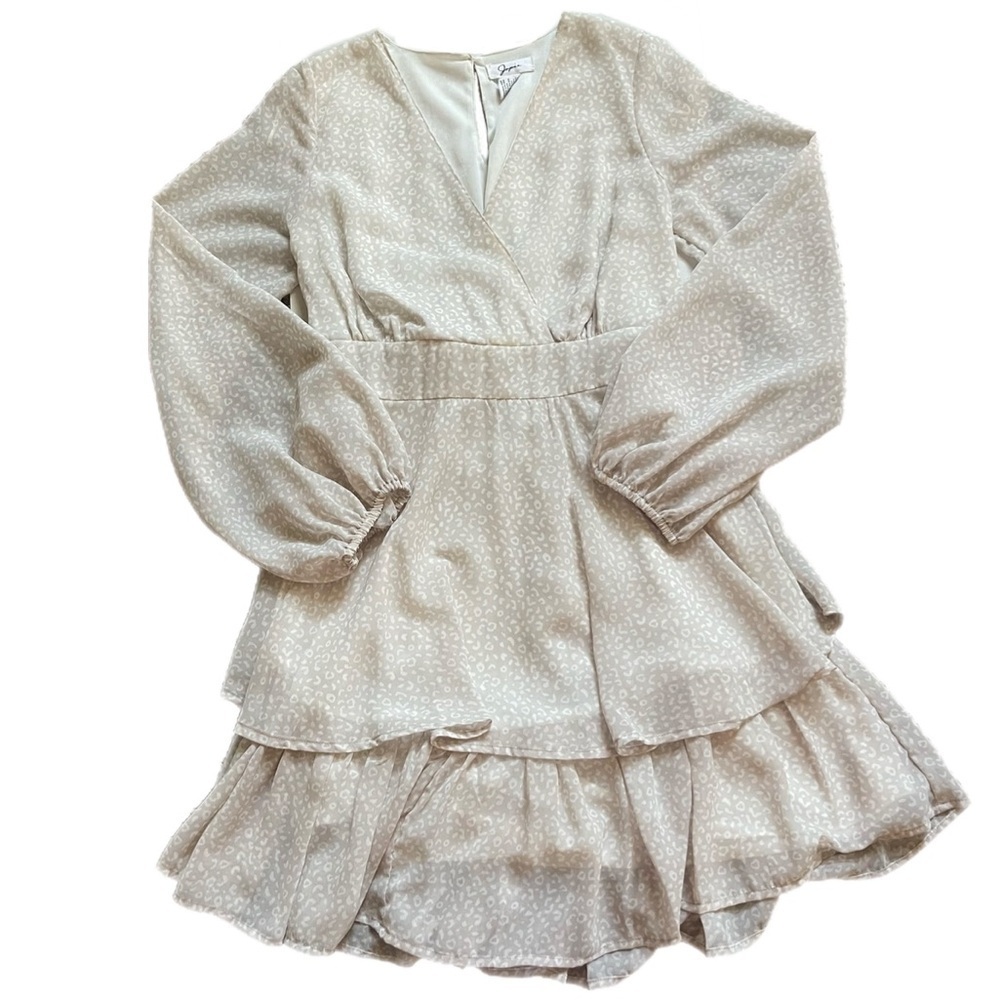 Japna Tiered Ruffle Leopard Print Long Sleeve Dress Sheer Sleeves Size Medium